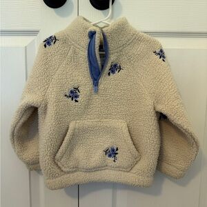 Old Navy Cream Sherpa half zip with Blue Floral Embroidery